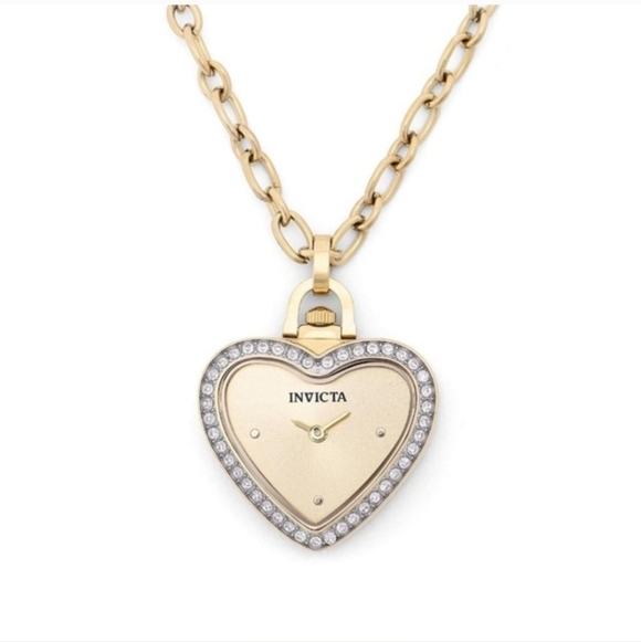 💛🔹️Invicta🔹 Heart Pendant Mini NecklaceWatch Gold Tone Chain Love